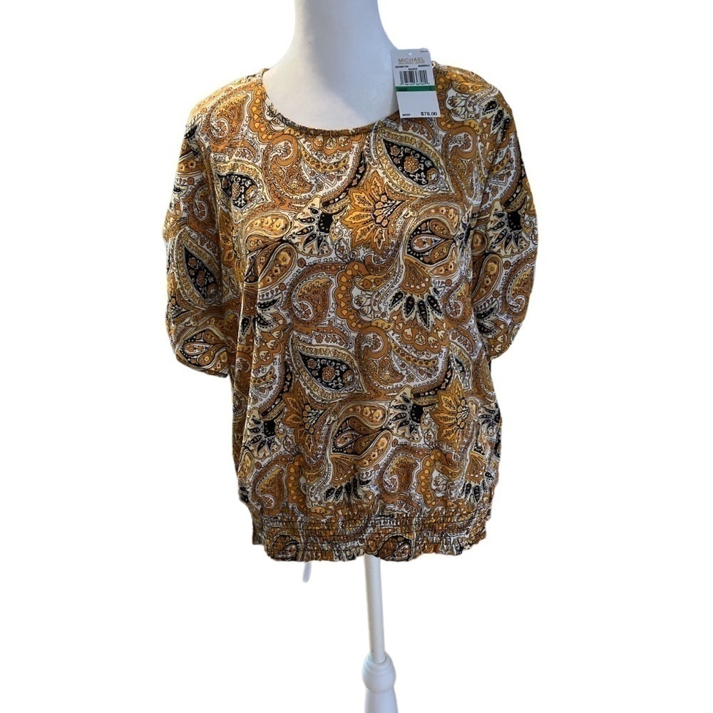 NWT MICHAEL Michael Kors Ruffled Marigold Paisley Peasant Top Ruched
